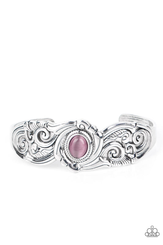 Glowing Enchantment - Purple Cat's Eye Stone & Vine-Like Silver Filigree Paparazzi Cuff Bracelet