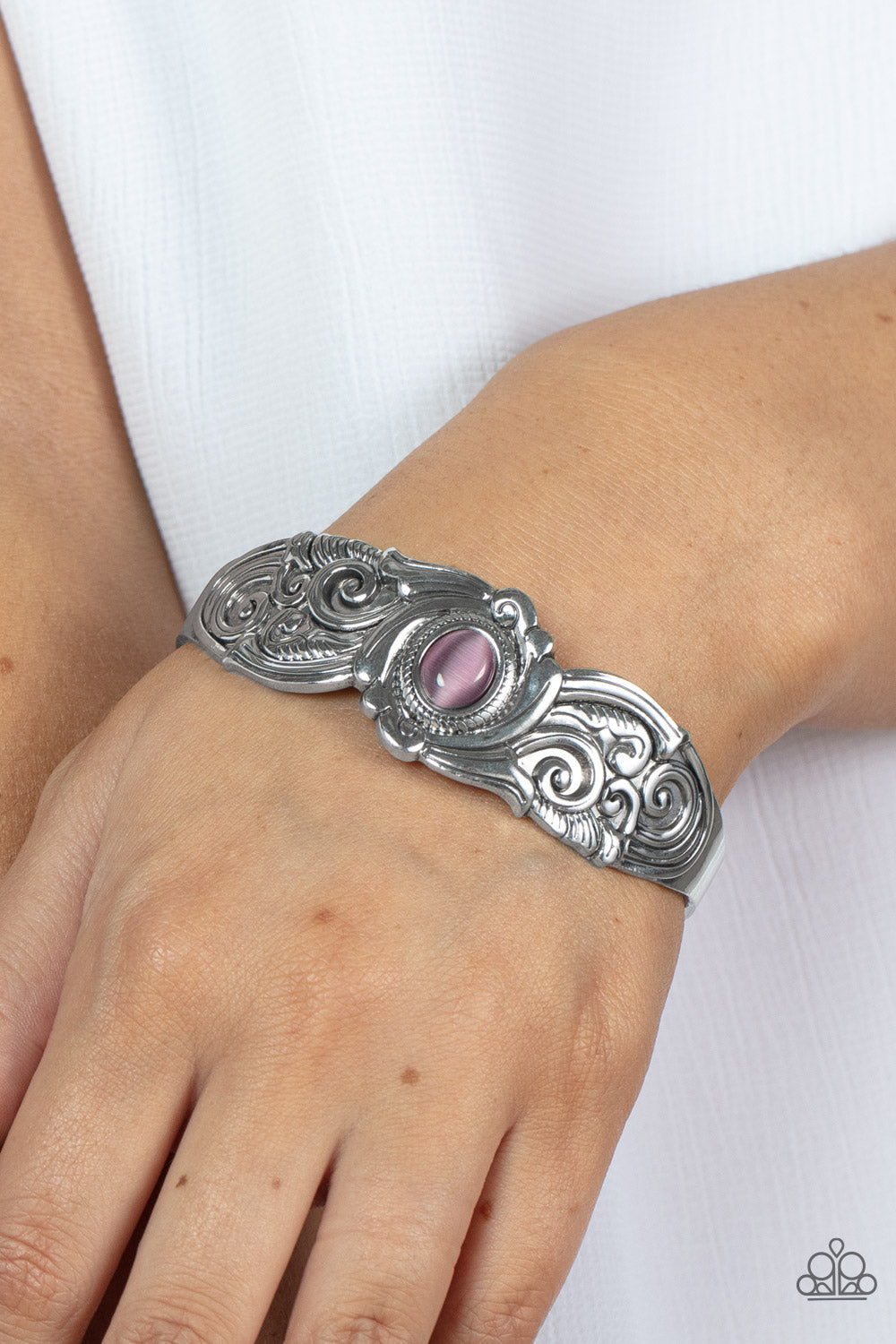 Glowing Enchantment - Purple Cat's Eye Stone & Vine-Like Silver Filigree Paparazzi Cuff Bracelet
