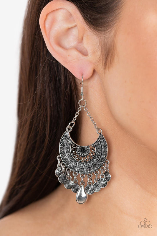 Lunar Allure - Black Solitaire Rhinestone, Tribal Inspired Stamped Accent Paparazzi Earrings