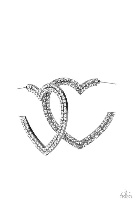 AMORE to Love - Gunmetal Heart & White Rhinestone Paparazzi Hoop Post Warrings