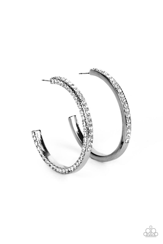 Powerhouse Precision - Gunmetal Hoop & White Rhinestone Paparazzi Earrings