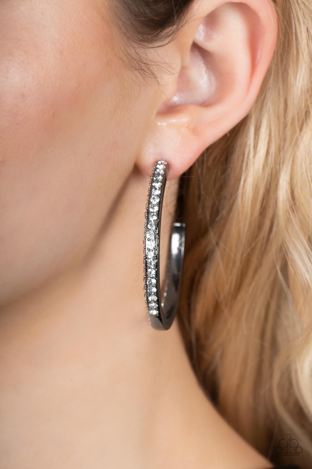 Powerhouse Precision - Gunmetal Hoop & White Rhinestone Paparazzi Earrings