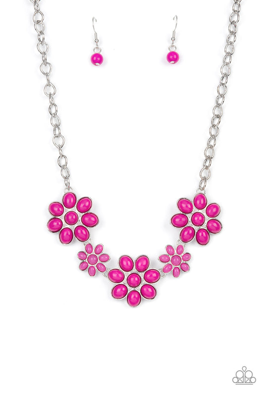 Flamboyantly Flowering - Pink Beaded Flower Paparazzi Necklace & matching earrings