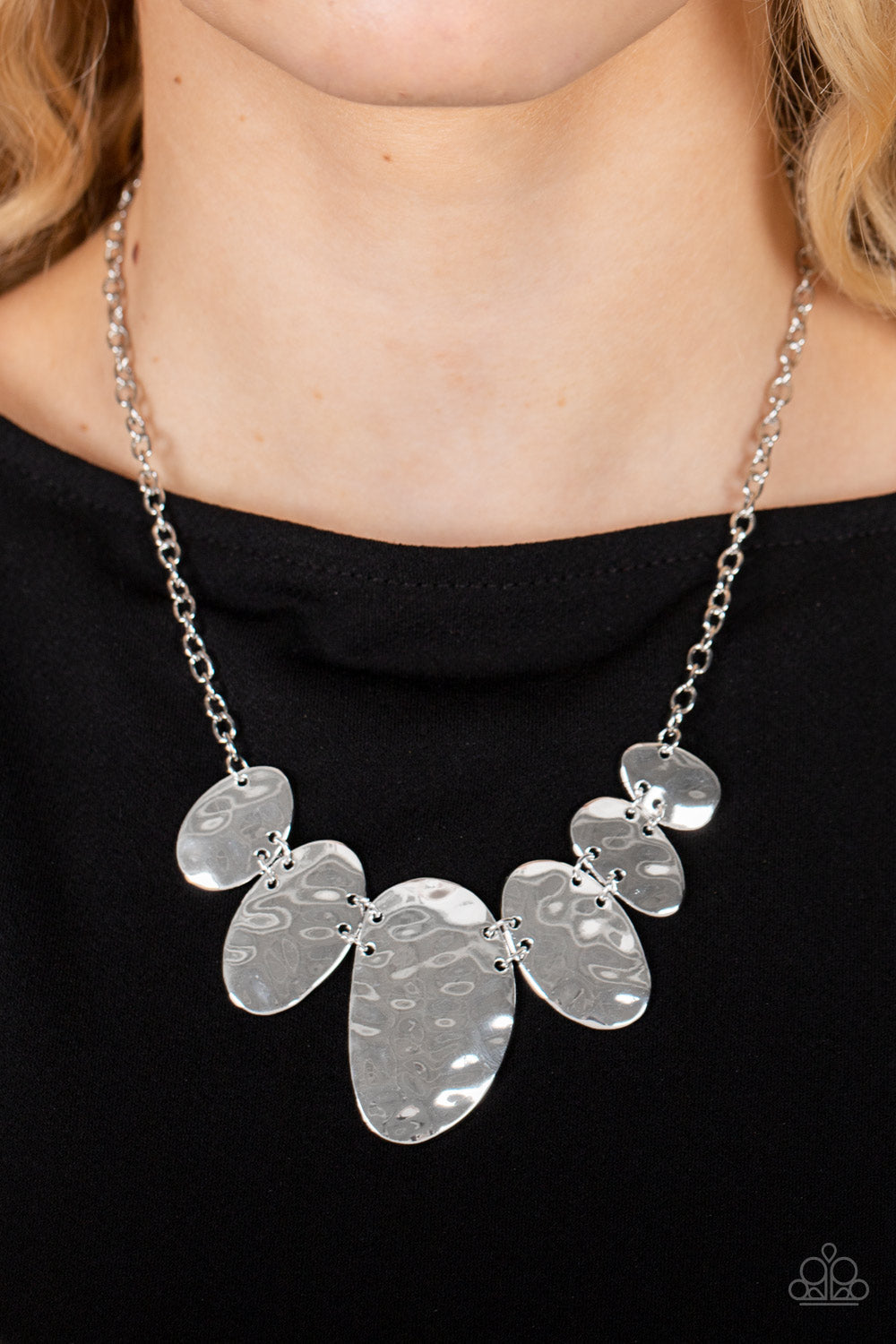 Cave Crawl - Silver Hammered Asymmetrical Oval Paparazzi Necklace & matching earrings