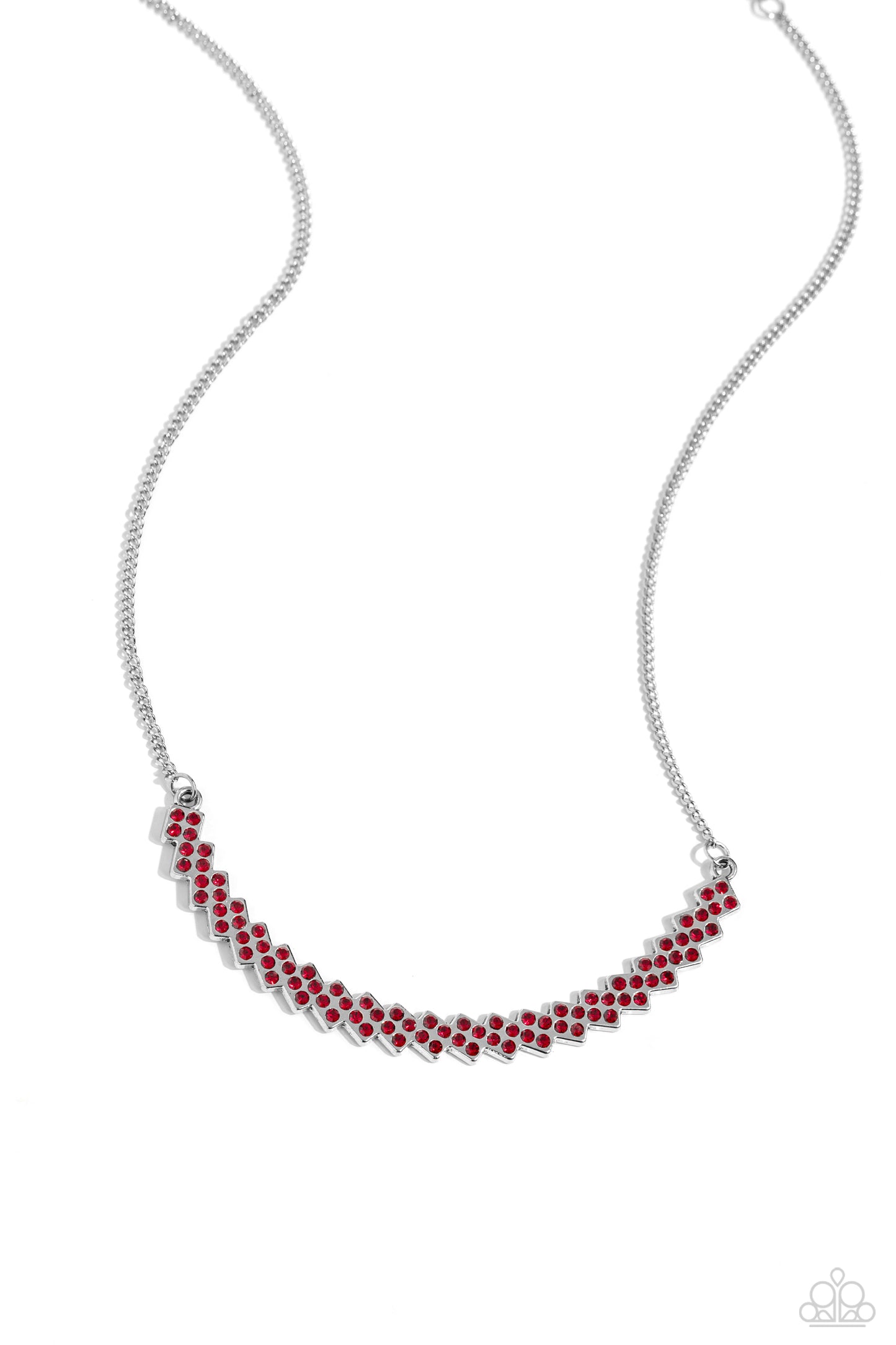 Dicey Demure - Red Rhinestones/Dainty Silver Frame Paparazzi Necklace & matching earrings