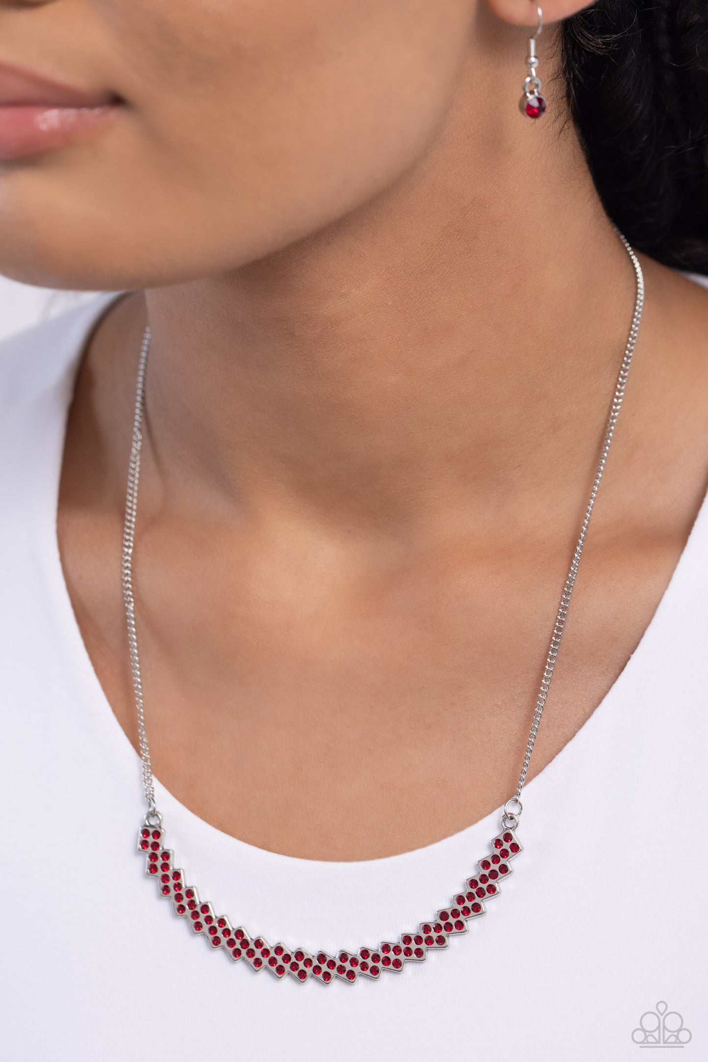 Dicey Demure - Red Rhinestones/Dainty Silver Frame Paparazzi Necklace & matching earrings