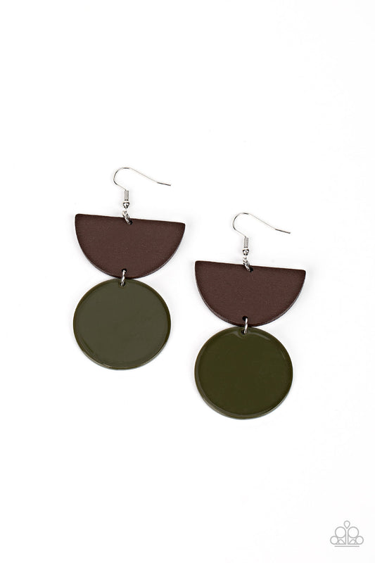Beach Bistro - Green Acrylic Disc & Wooden Crescent Frame Paparazzi Earrings