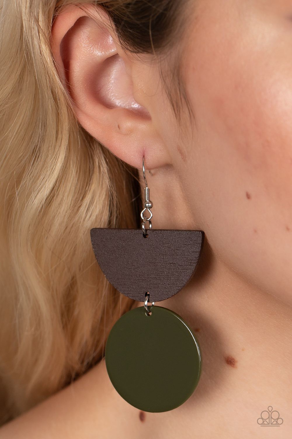 Beach Bistro - Green Acrylic Disc & Wooden Crescent Frame Paparazzi Earrings