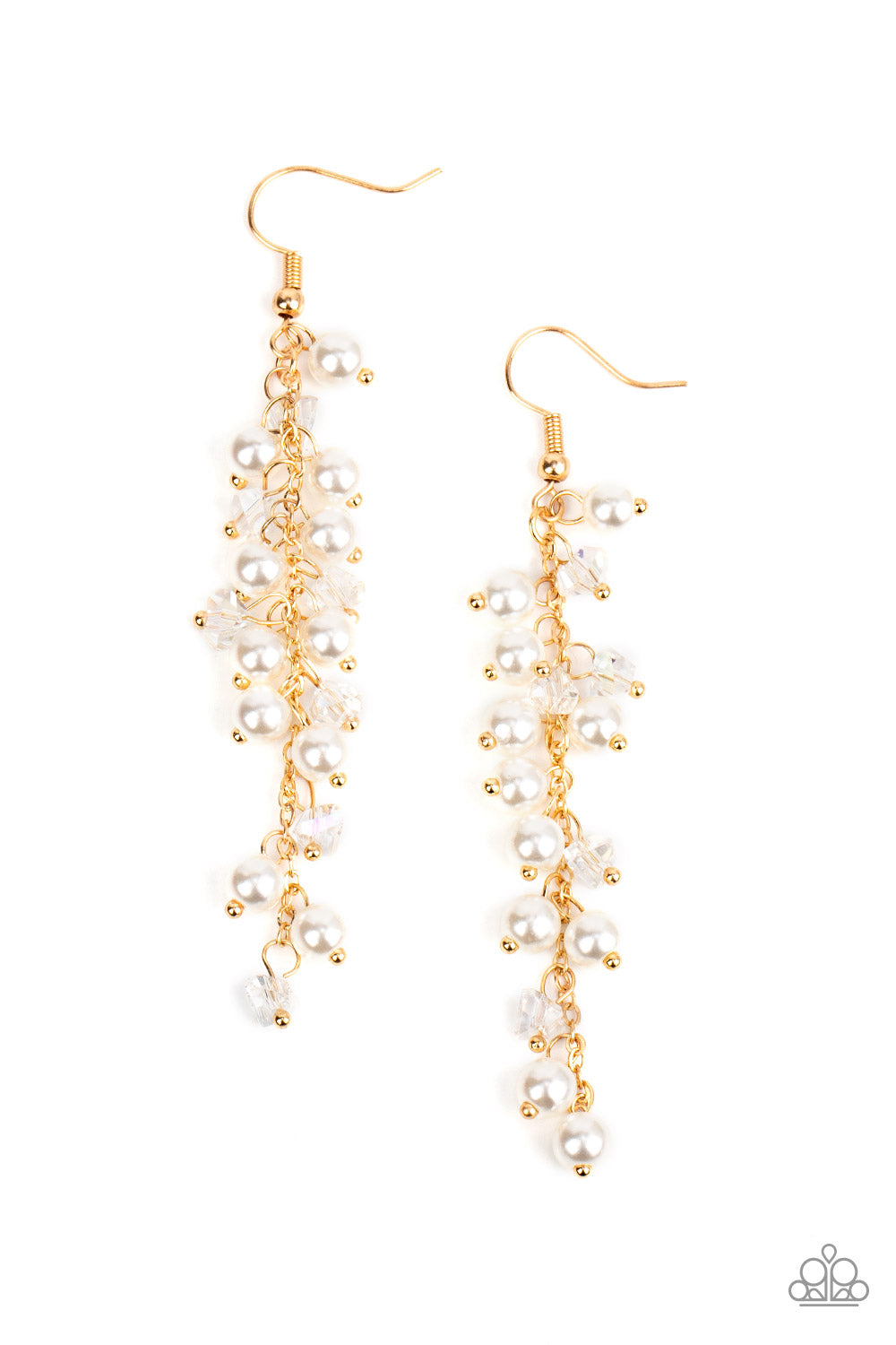 Candlelight Cruise - Gold & White Pearl Clustered Chandelier Paparazzi Earrings