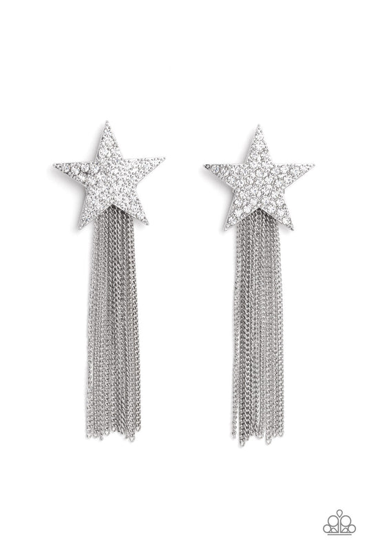 Superstar Solo - White Rhinestone Encrusted Oversized Silver Star & Silver Chain Tassel Paparazzi Post Earrings