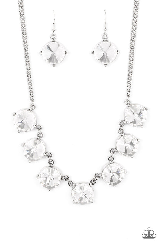 The SHOWCASE Must Go On - White Oversized Rhinestone Paparazzi Necklace & matching earrings