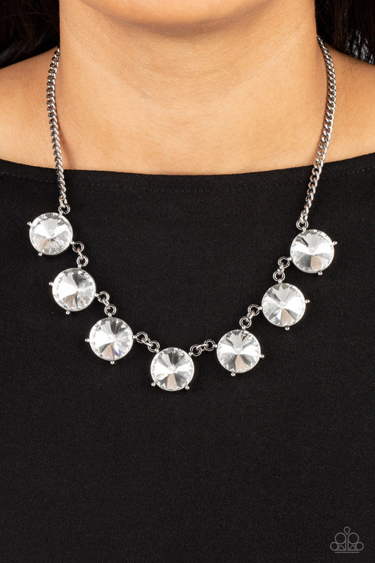 The SHOWCASE Must Go On - White Oversized Rhinestone Paparazzi Necklace & matching earrings