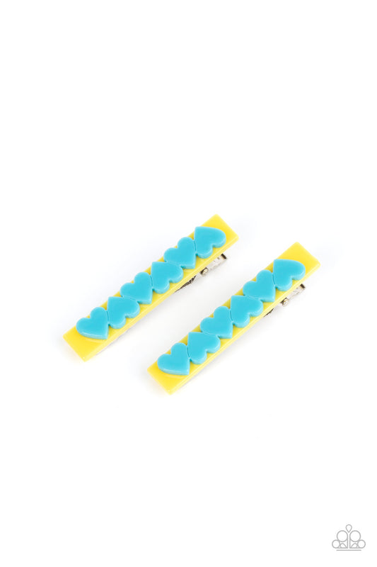 Cutely Cupid - Multi Blue Hearts & Yellow Rectangular Frame Paparazzi Set of 2 Hair Clips