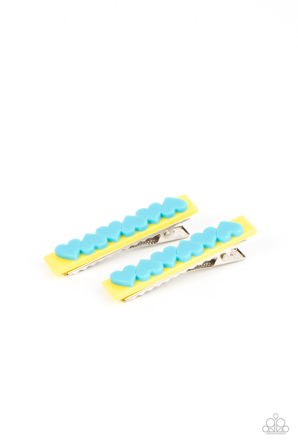 Cutely Cupid - Multi Blue Hearts & Yellow Rectangular Frame Paparazzi Set of 2 Hair Clips