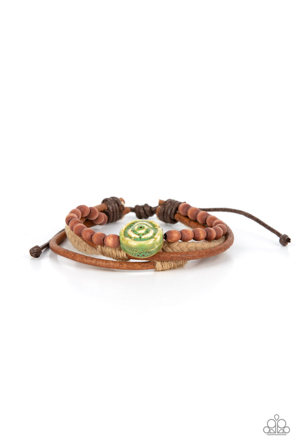 Existential Earth Child - Green Ceramic Rosebud & Mismatched Wood, Suede, & Twine Paparazzi Urban Bracelet