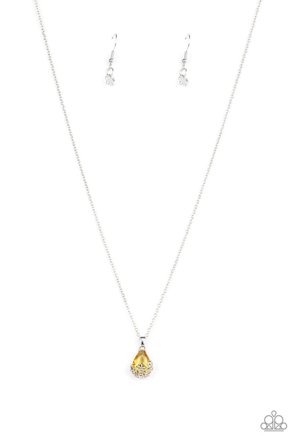 Flower Patch Fabulous - Yellow Teardrop Gem/Dainty Silver Flower Pendant Paparazzi Necklace & matching earrings
