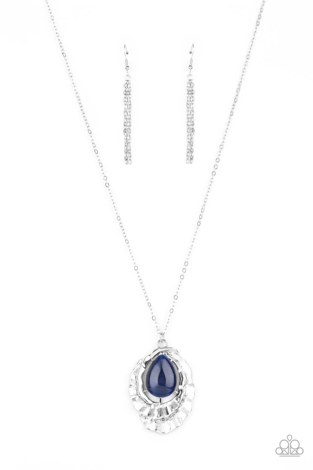 Titanic Trinket - Blue Cat's Eye/Scalloped Silver Frame Pendant Paparazzi Necklace & matching earrings