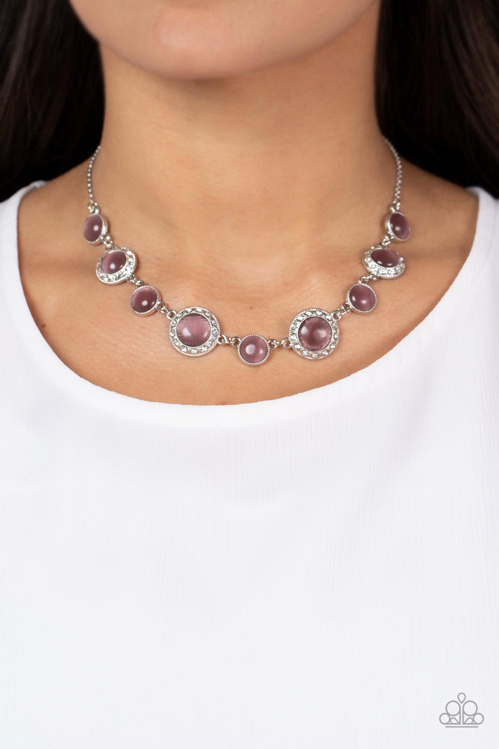 Too Good to BEAM True - Purple Cat's Eye & White Rhinestone Paparazzi Necklace & matching earrings