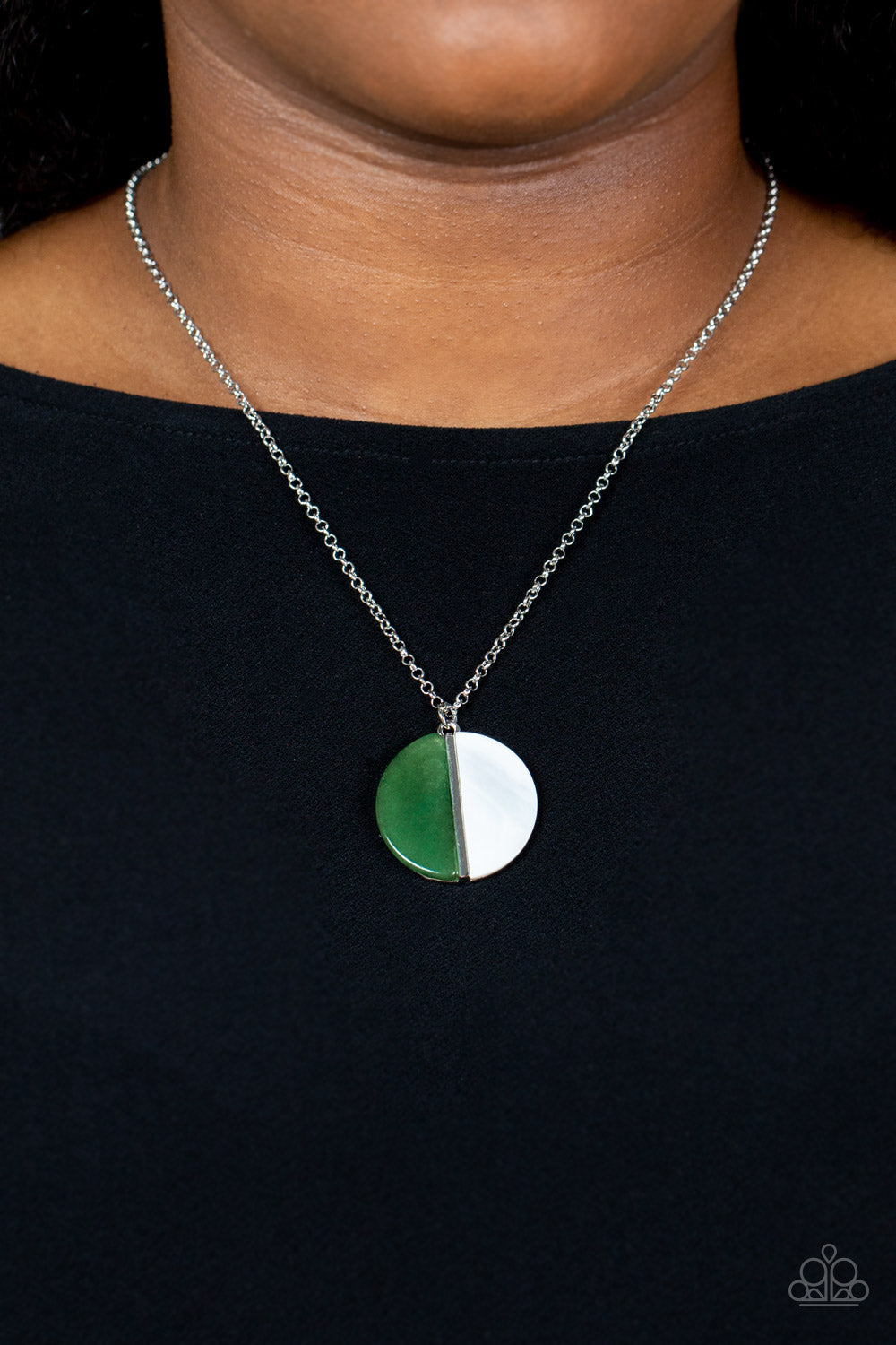 Elegantly Eclipsed - Green Jade Stone/White Shell-Like Half Moon Pendant Paparazzi Necklace & matching earrings