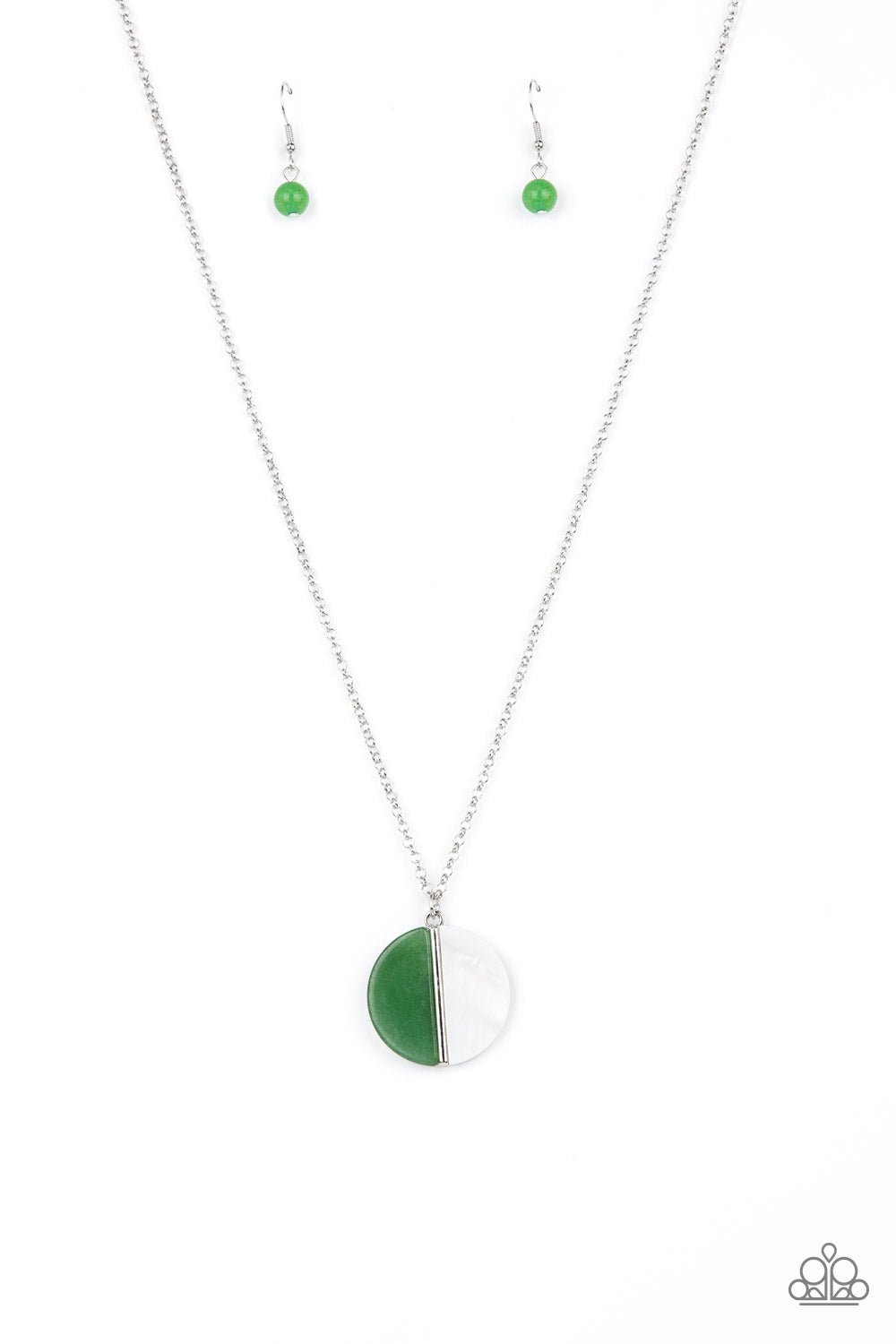 Elegantly Eclipsed - Green Jade Stone/White Shell-Like Half Moon Pendant Paparazzi Necklace & matching earrings