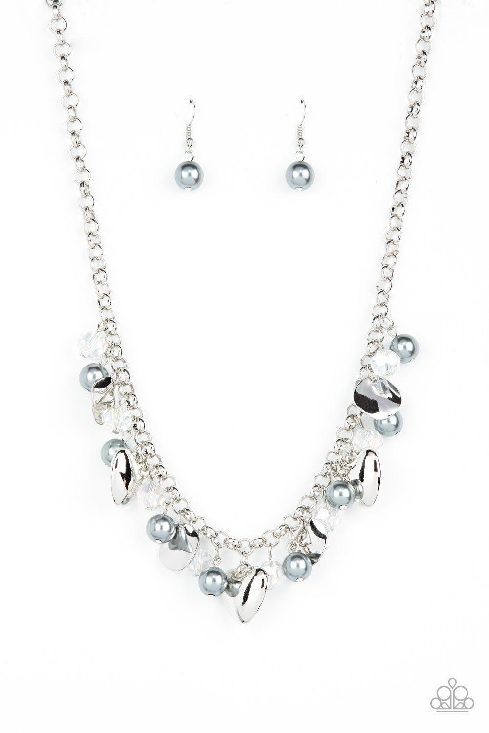 True Loves Trove - Silver Locket-Inspired Hearts, Pearls, Crystal-Like Beads, & Crinkled Disc Paparazzi Necklace & matching earrings