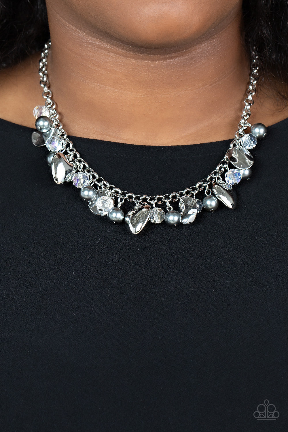 True Loves Trove - Silver Locket-Inspired Hearts, Pearls, Crystal-Like Beads, & Crinkled Disc Paparazzi Necklace & matching earrings