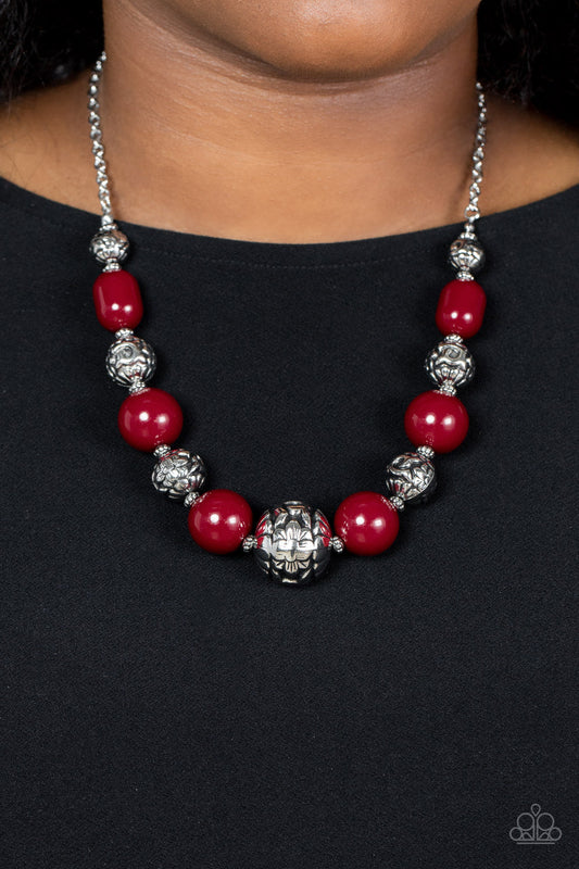 Girl Meets Garden - Red Wine & Floral Motif Silver Beaded Paparazzi Necklace & matching earrings