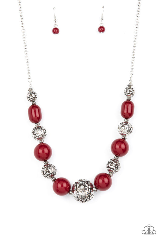 Girl Meets Garden - Red Wine & Floral Motif Silver Beaded Paparazzi Necklace & matching earrings