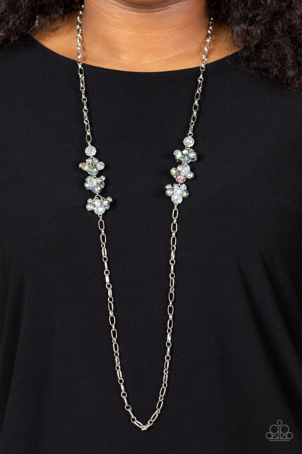 Poshly Parisian - Silver Pearly, Classic, & Iridescent Bead Cluster Paparazzi Necklace & matching earrings