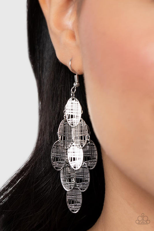 Cross It Off My List - Silver Abstract Crisscrossed Texture Oval Frame Paparazzi Earrings