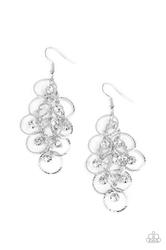 Head Rush - White Rhinestones & Textured Silver Rings Paparazzi Earrings