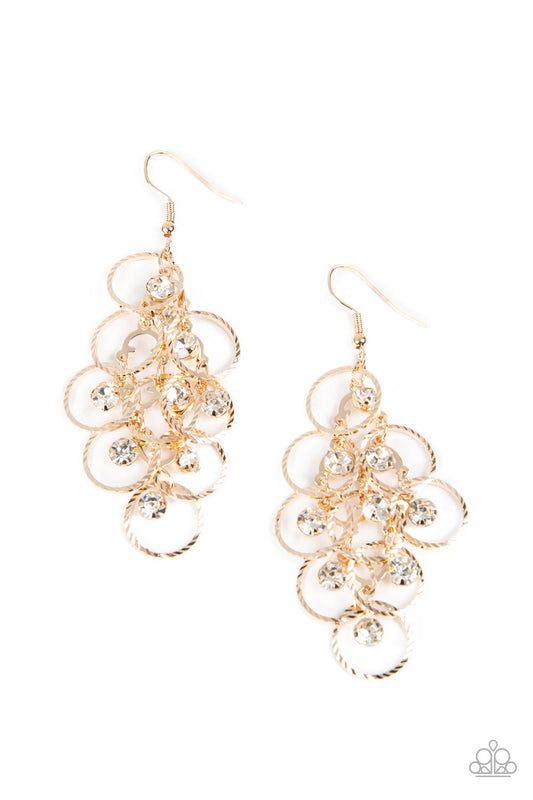 Head Rush - Gold Textured Rings & White Rhinestone Paparazzi Earrings