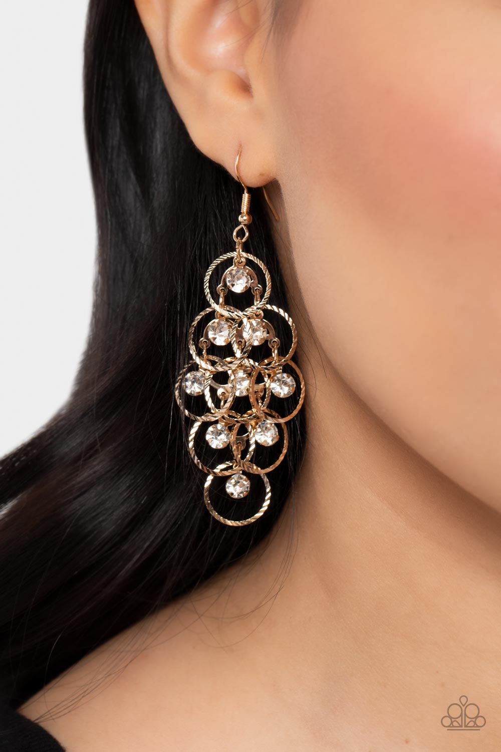 Head Rush - Gold Textured Rings & White Rhinestone Paparazzi Earrings