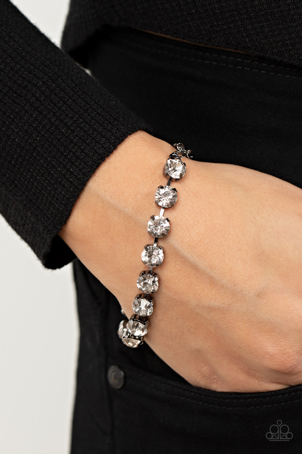 A-Lister Afterglow - Gunmetal & White Rhinestone Paparazzi Adjustable Bracelet
