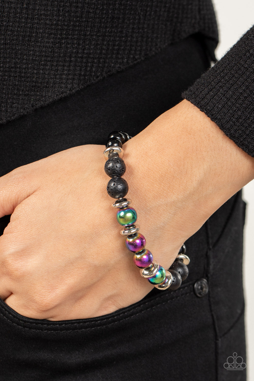 Mega Metamorphic - Multi Oil Spill Beads & Black Lava Rock Paparazzi Bracelet