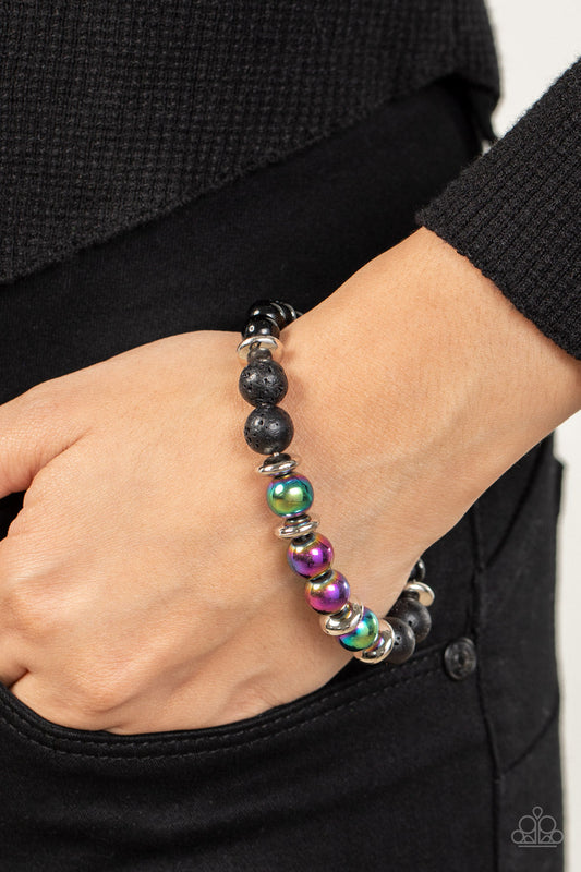 Mega Metamorphic - Multi Oil Spill Beads & Black Lava Rock Paparazzi Bracelet