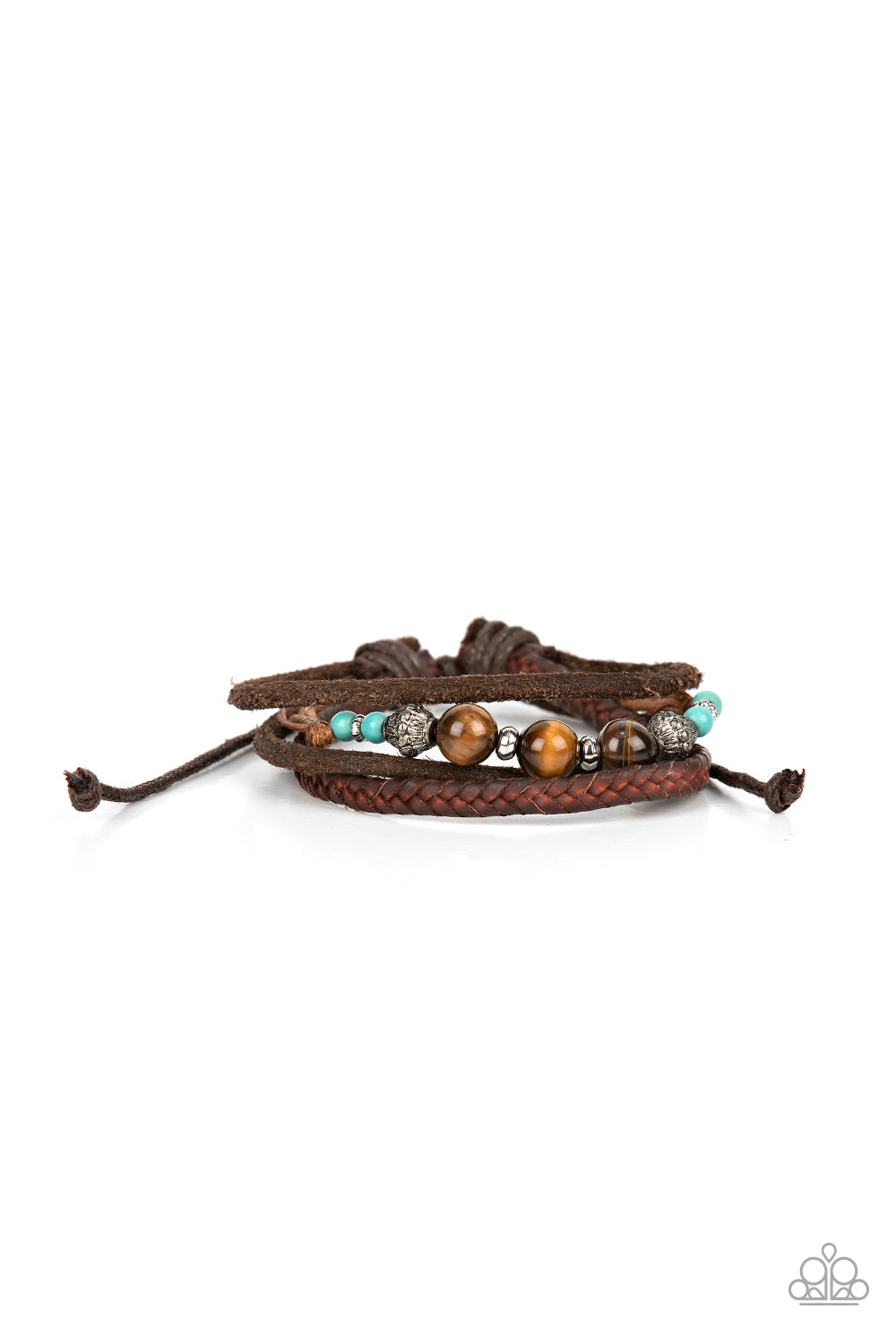 Tundra Tracker - Blue/Turquoise Accents, Tiger's Eye Stones, Decorative Silver Beads, & Leather Band Paparazzi Urban Bracelet