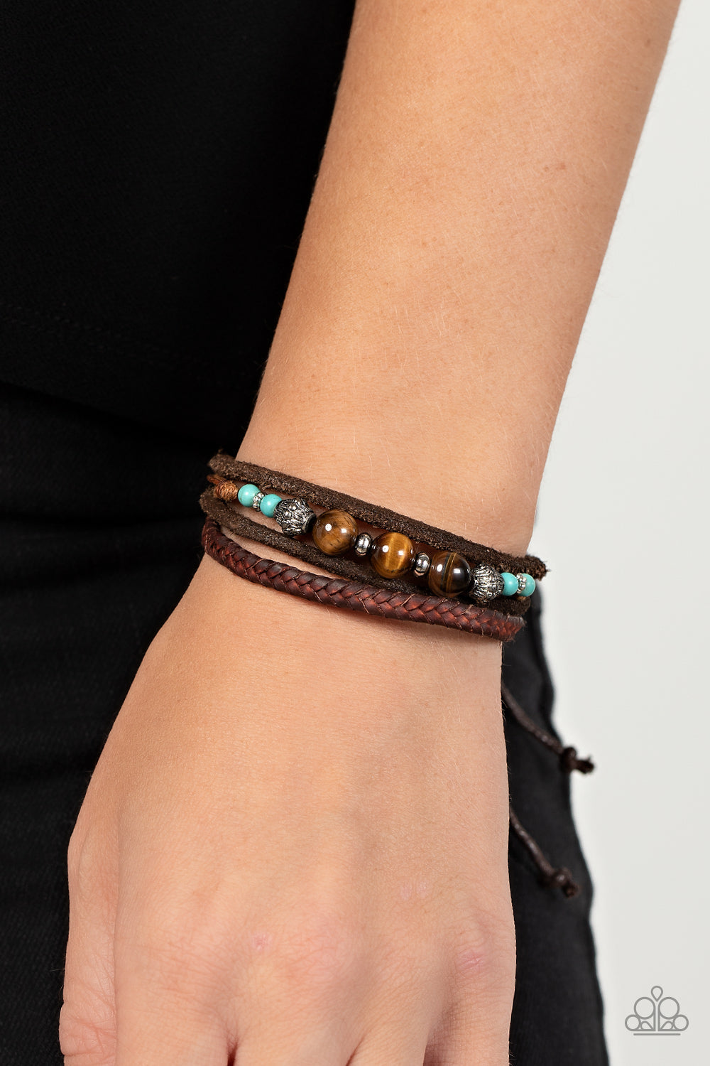 Tundra Tracker - Blue/Turquoise Accents, Tiger's Eye Stones, Decorative Silver Beads, & Leather Band Paparazzi Urban Bracelet