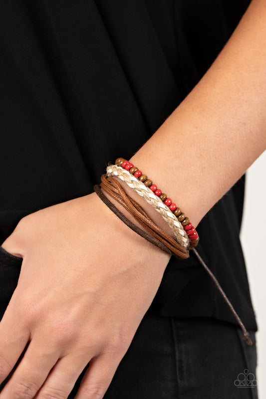 Woodsy Wayfarer - Red & Brown Wooden Beads/Brown Cording/Brown Suede/Brown & White Braid Paparazzi Urban Bracelet