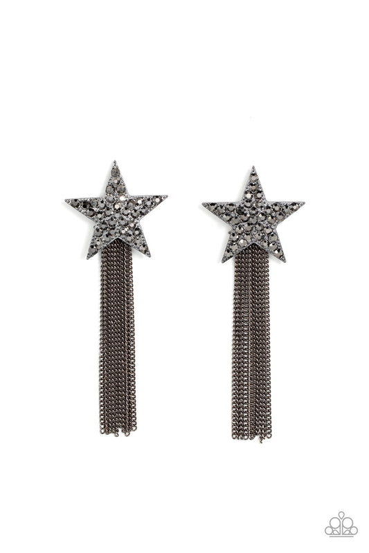 Superstar Solo - Gunmetal & Hematite Star/Gunmetal Chain Fringe Paparazzi Earrings