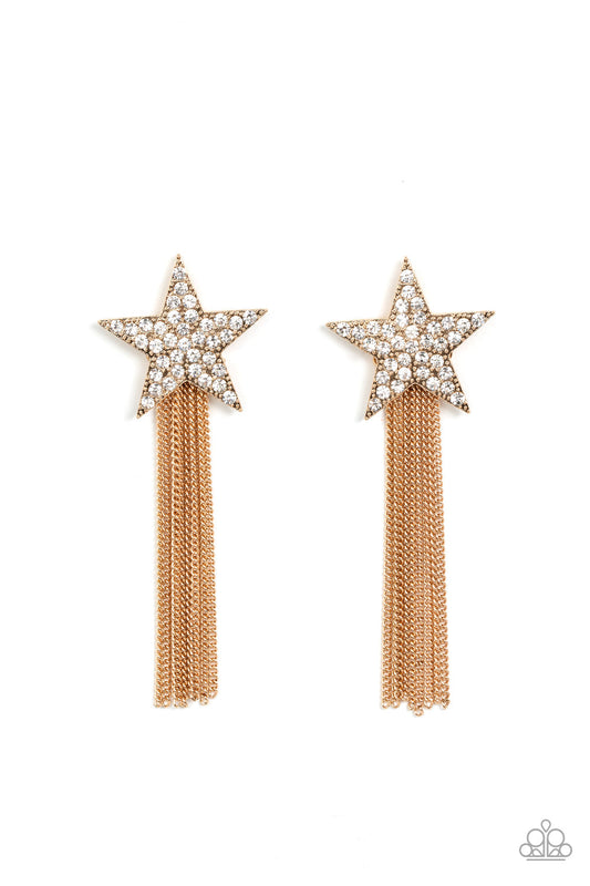 Superstar Solo - Gold Star/White Rhinestones & Gold Chain Tassel Paparazzi Earrings