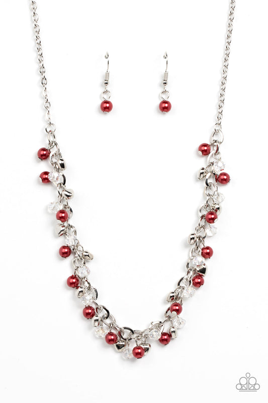 Soft-Hearted Shimmer - Red Pearls, White Accents, & Silver Heart Paparazzi Necklace & matching earrings