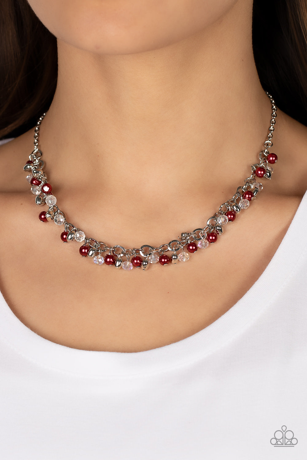 Soft-Hearted Shimmer - Red Pearls, White Accents, & Silver Heart Paparazzi Necklace & matching earrings