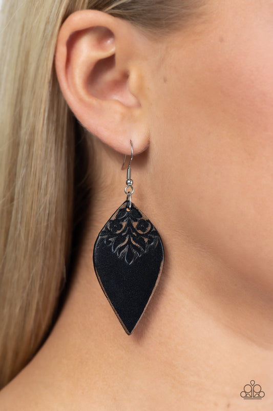 Naturally Nostalgic - Black Petal Shaped Leather/Distressed Floral Pattern Paparazzi Earrings