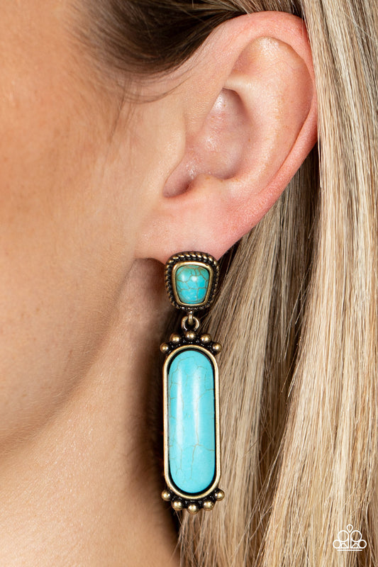 Southern Charm - Brass Rope Like Frame/Turquoise Asymmetrical Stone Paparazzi Earrings