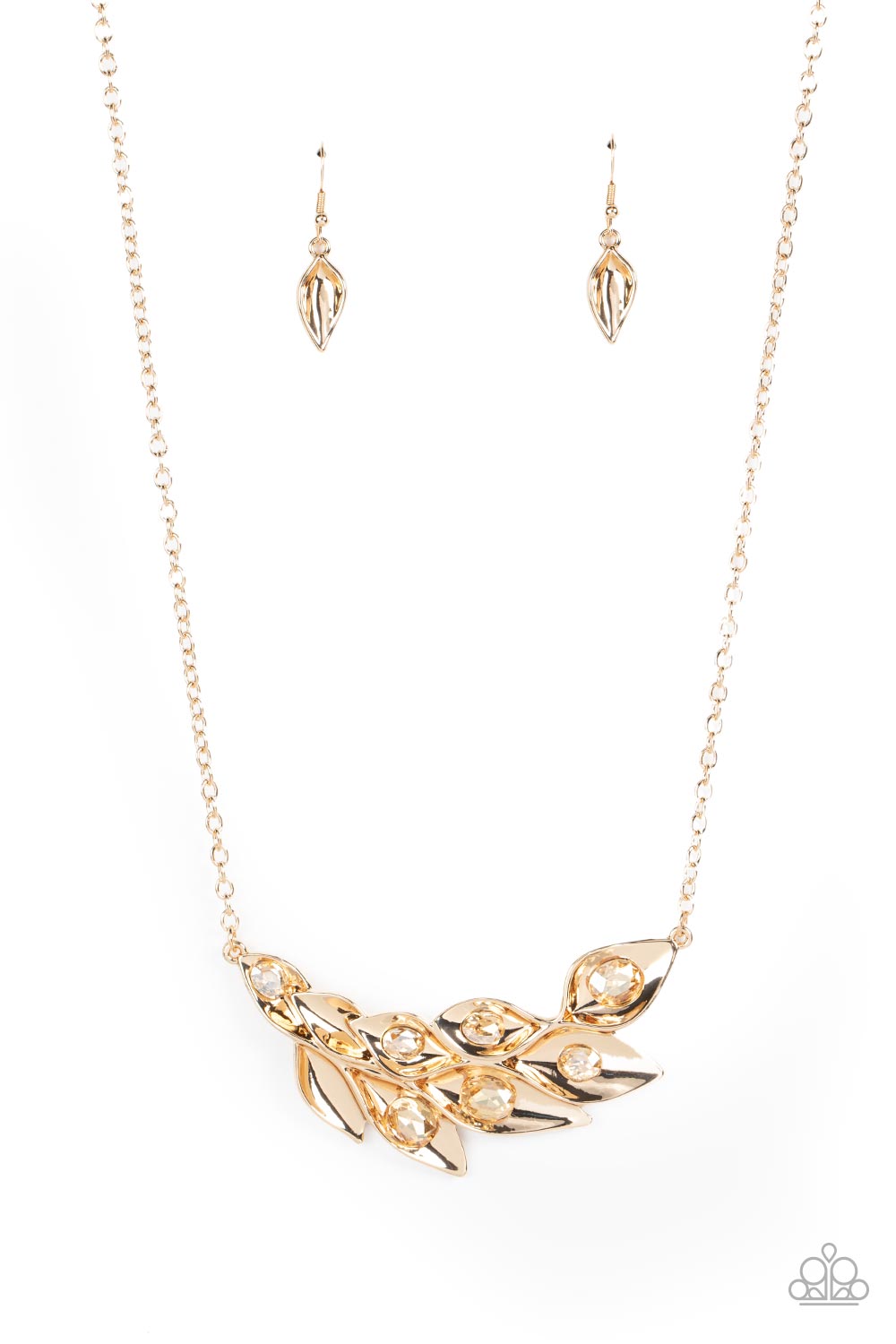 Enviable Elegance - Gold Leafy Frame & Golden Rhinestone Pendant Paparazzi Necklace & matching earrings