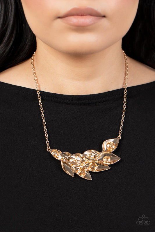 Enviable Elegance - Gold Leafy Frame & Golden Rhinestone Pendant Paparazzi Necklace & matching earrings