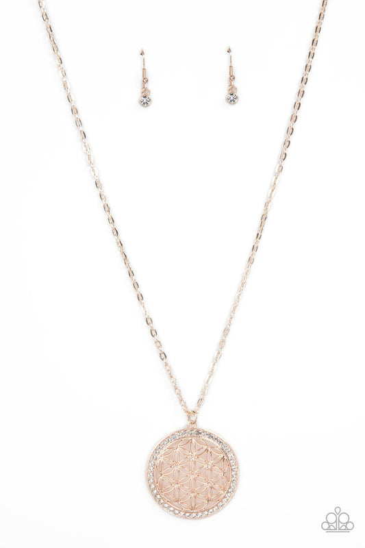 Tearoom Twinkle - Rose Gold/White Rhinestone Floral Pendant Paparazzi Necklace & matching earrings