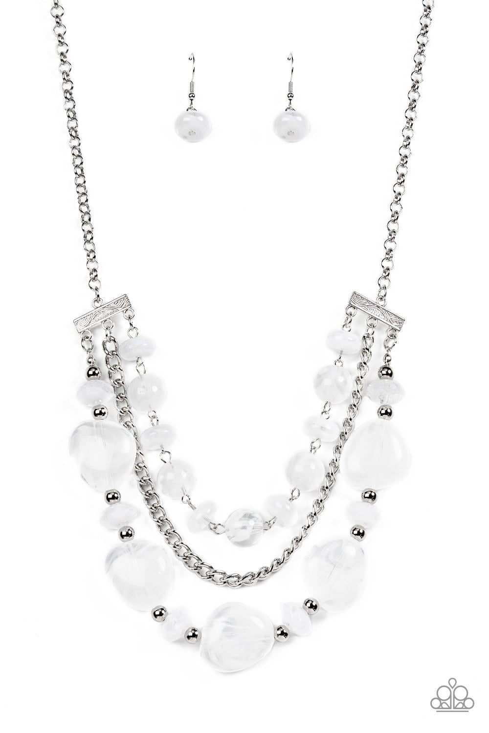 Oceanside Service - White Cloudy Glass-Like Beaded Double Chain Paparazzi Necklace & matching earrings