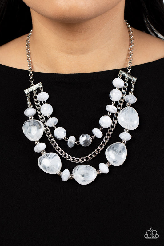 Oceanside Service - White Cloudy Glass-Like Beaded Double Chain Paparazzi Necklace & matching earrings